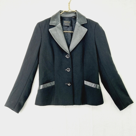 Dana Buchman Petite Black Grey Leather Collar Wool Blazer Jacket P5063 - Picture 1 of 8